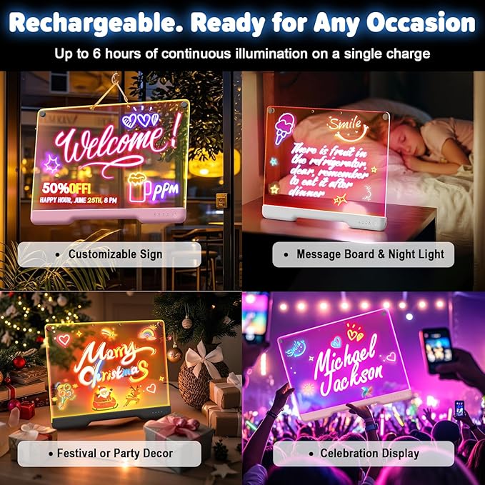 16-Inch Rechargeable Doodle Glow LED Note Board, 7-Color Light Modes, Neon Art Dry Erase Light Up Drawing Pad with Built-in Stand, Sketching Gift Toy for Kids/Girls/Teens, 5 Markers & Tracing Book-BubblyBeeBaby