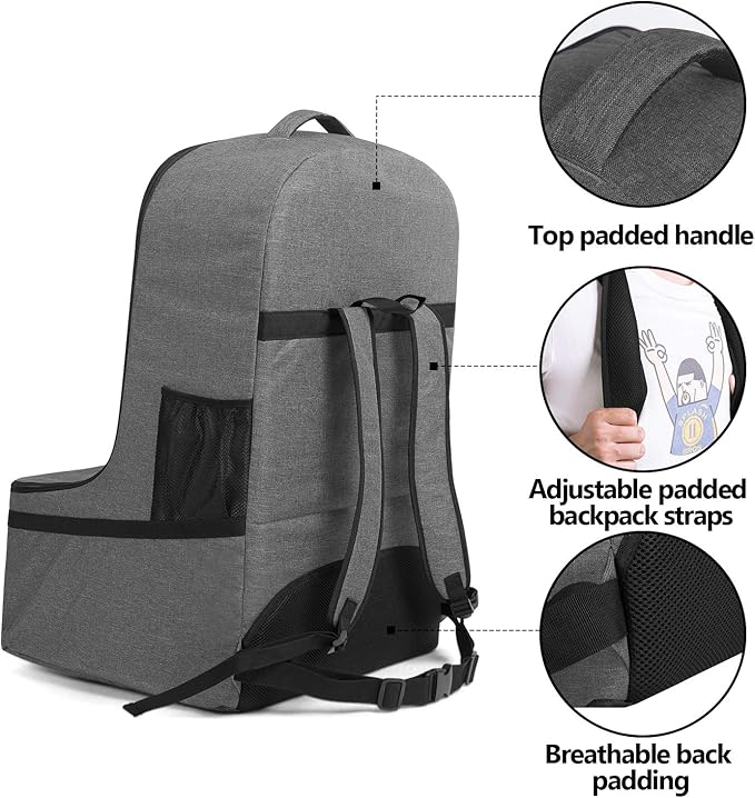 LUXJA Car Seat Travel Bag, Airplane Bag with Padded Backpack Straps and Adjustable Waist Straps for Travel (Fits Most Major Car Seat), Gray-BubblyBeeBaby