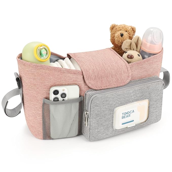 Accmor Universal Stroller Organizer with Insulated Cup Holder, Stroller Caddy Bag Accessories, Stroller Cup Holder Organizer for Uppababy Baby Jogger Britax Stroller, Pink-BubblyBeeBaby