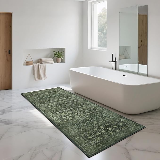 2'6x8' Washable Runner Rug for Hallway, Non Slip Vintage Floral Long Carpet Runners for Entryway, Kitchen, Bathroom, Bedroom, Low Pile Laundry Rugs Rubber Backing (Distressed Green)-BubblyBeeBaby