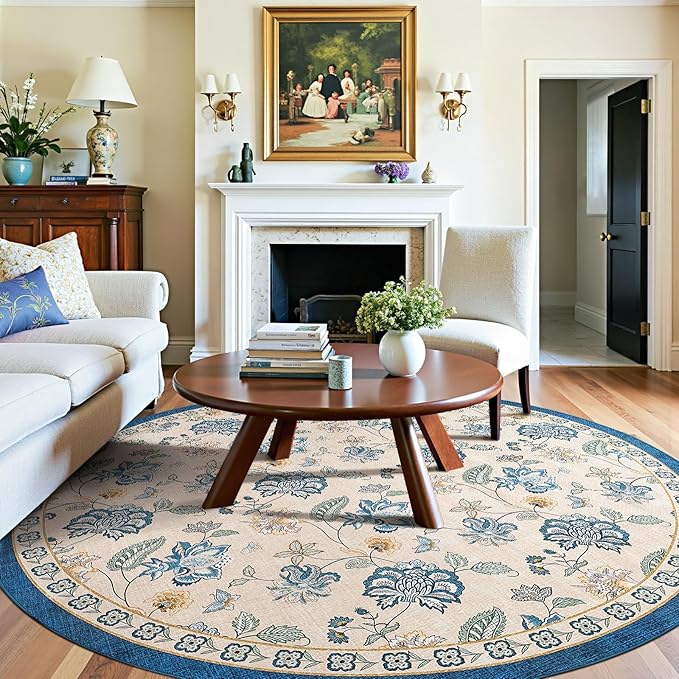 jinchan 8ft Floral Round Rug for Dining Room Washable Living Room Rug Vintage Romance Design Non Slip Indoor Floor Cover Lightweight Low-Profile Throw Carpet for Bedroom Porch Patio, Blue/Beige-BubblyBeeBaby