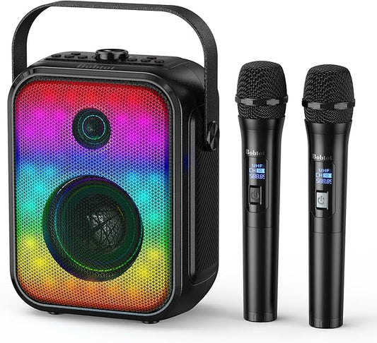 Karaoke Machine, Portable Bluetooth Speaker with 2 Wireless Karaoke Microphones, Karaoke Machine for Adults Kids with Subwoofer, LED Light Support TWS/FM/USB/AUX for Home Party Outdoor-BubblyBeeBaby