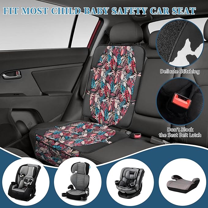 Car Seat Protector for Child Car Seat, 2 Pack Baby Car Seat Covers with Mesh Pockets & Non-Slip Backing 600D Durable Seat Protector Under Baby Car Seat for Car Back Seat (Red Leaves, Large)-BubblyBeeBaby
