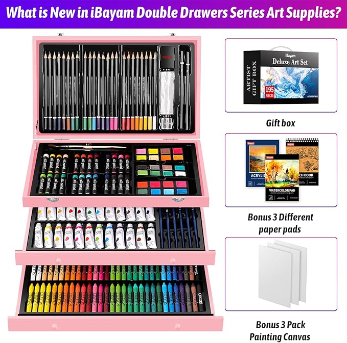 iBayam Gifts for Kids Teens Girls Women, 195-Pack Arts and Crafts Supplies for Adults Kids, Art Kits Paint Set for Acrylic Oil Watercolor Canvas Ceramic Rock Eggs Egg Tempera, Easter Basket Stuffers-BubblyBeeBaby