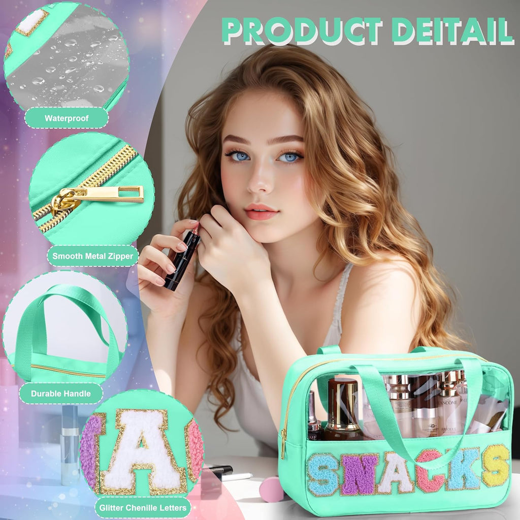 Snack Bag for Travel - Chenille Letter Clear Makeup Bag, Large Preppy Patch Snack Cosmetic Bag with Handle and Zipper, Cute Makeup Pouch Nylon&PVC Waterproof Toiletry Organizer Storage for Women Girls