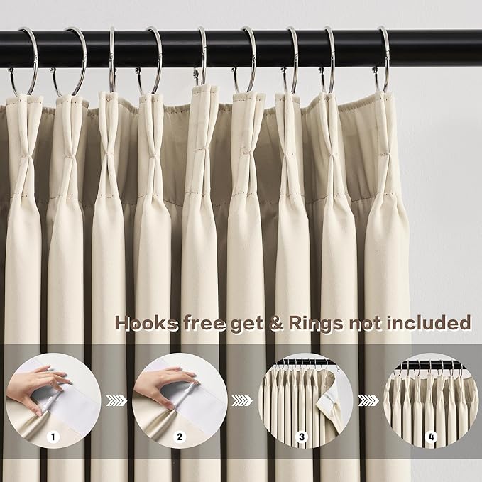 KEQIAOSUOCAI Cream Black Out Pleated Curtains 102 Inch Long,Elegant Luxury Soft Polyester Window Drapes for Living Room Office Hook Pleated Curtains 40" Wide by 102 inches Long-BubblyBeeBaby