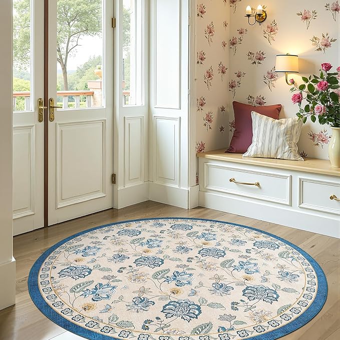 jinchan 6ft Floral Round Rug for Dining Room Washable Living Room Rug Vintage Romance Design Non Slip Indoor Floor Cover Lightweight Low-Profile Throw Carpet for Bedroom Porch Patio, Blue/Beige-BubblyBeeBaby