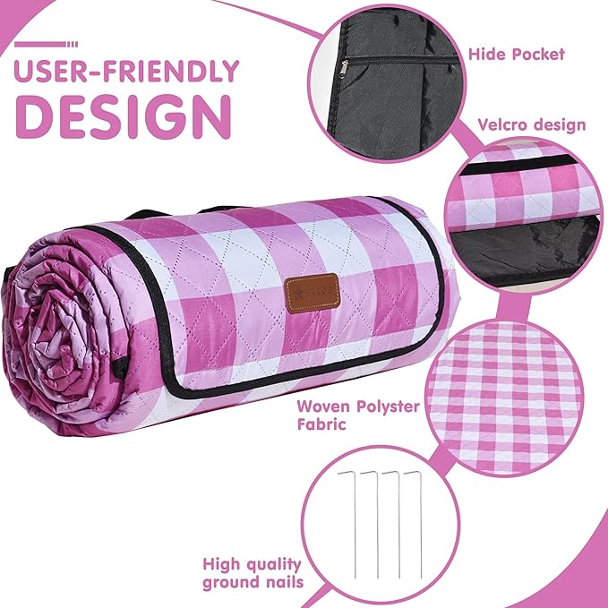 HX&OD Outdoor Picnic Blanket, Extra Large, 80''x80'' Waterproof Foldable Blankets Gingham Picnic Mat for Beach, Camping Grass Lawn Park Accessories Cute Couple Ideas Wedding (Pink, 80”x80”)-BubblyBeeBaby