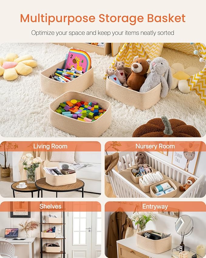 KALLAX Small Woven Basket, 13.5 x 9.5 x 5 Inches, Storage Basket for Organizing, Cute Small Rope Shelf Closet Cube Storage Bins Baskets for Shelves, Dog Toy Gift Baskets Empty, 3 Packs, Beige-BubblyBeeBaby