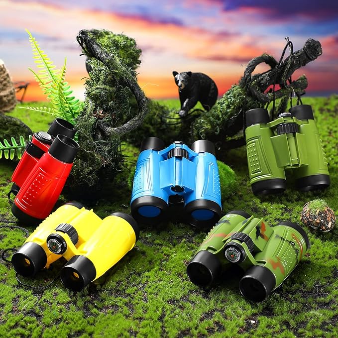 25 Pack Binoculars for Kids 6+ Years Old, with Compass and Neck String Toddler Toy Binoculars Gift Set for Camping Adventure, Party Favor, Red, Yellow, Camo, Green, Blue-BubblyBeeBaby