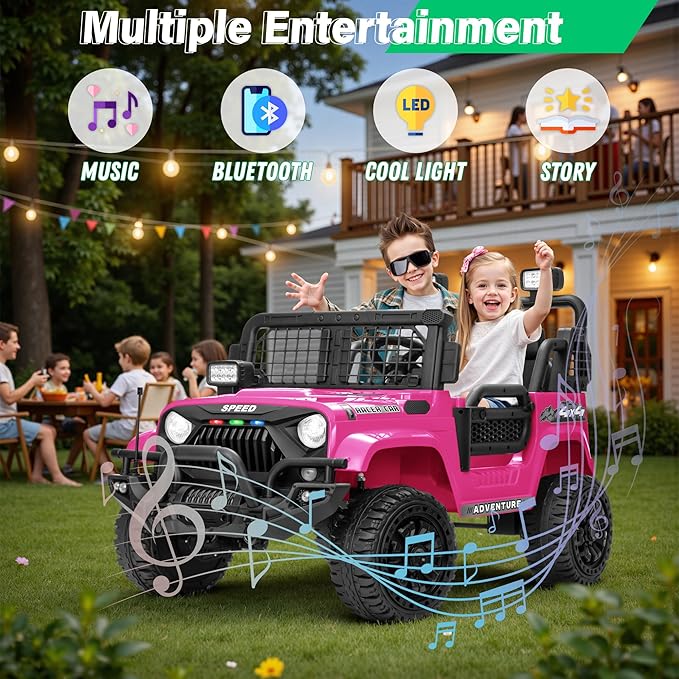 2 Seater Ride On Car Truck with Remote Control XL, Kids 24V Battery Powered Electric Vihicle w/21 in Seat, 3 Speeds, 2WD/4WD Switichable, Shock Absorbers,Bluetooth, Flower, Gift Choice-BubblyBeeBaby