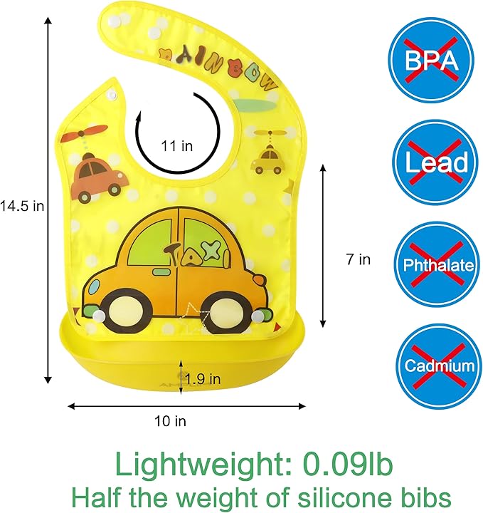 Amplim Baby Feeding Bib (3-Pack) Toddler/Baby Bibs for Eating. Waterproof, Adjustable, Lightweight. Eco-friendly PEVA material. BPA, Lead, Phthalate, Cadmium free-BubblyBeeBaby