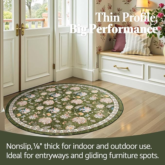 jinchan 4ft Floral Round Rug for Entryway Washable Kitchen Rug Vintage Romance Design Non Slip Indoor Doormat Lightweight Low-Profile Throw Carpet for Living Room Dining Room Bedroom, Green-BubblyBeeBaby