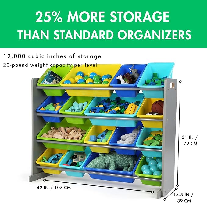 Humble Crew Supersized Toy Storage Organizer with 16 Removable Bins, Grey/Blue/Green/Yellow – Large Toy Storage for Toddlers Ideal for Kids' Rooms, Playrooms, and Nurseries - Modern Toy Bins for Kids-BubblyBeeBaby