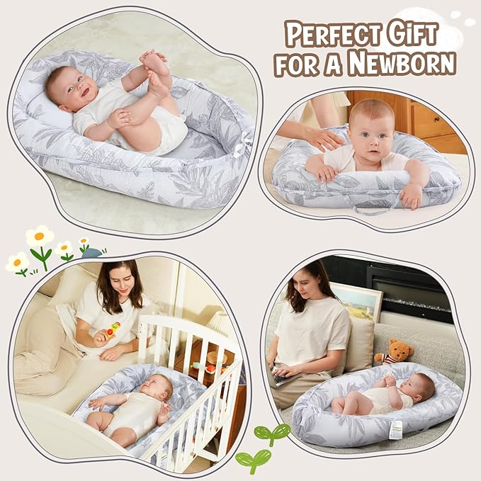 HKAI Baby Lounger – Soft Cotton Infant Floor Seat for Newborn to 24 Months, Portable Baby Essentials for Boys & Girls, Travel-Friendly Baby Lounge Pillow-BubblyBeeBaby