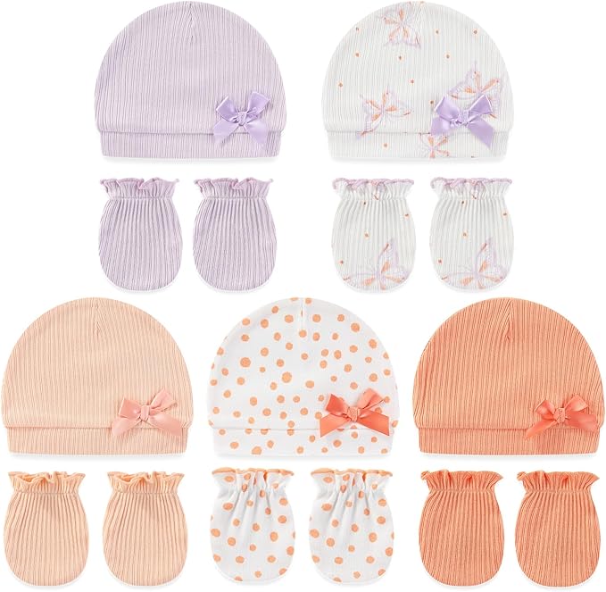 Cute Baby Girl Hats Mittens Set 10-Pack New Born Boy Caps Gloves Suit 0-6 Months Infant Accessories-BubblyBeeBaby