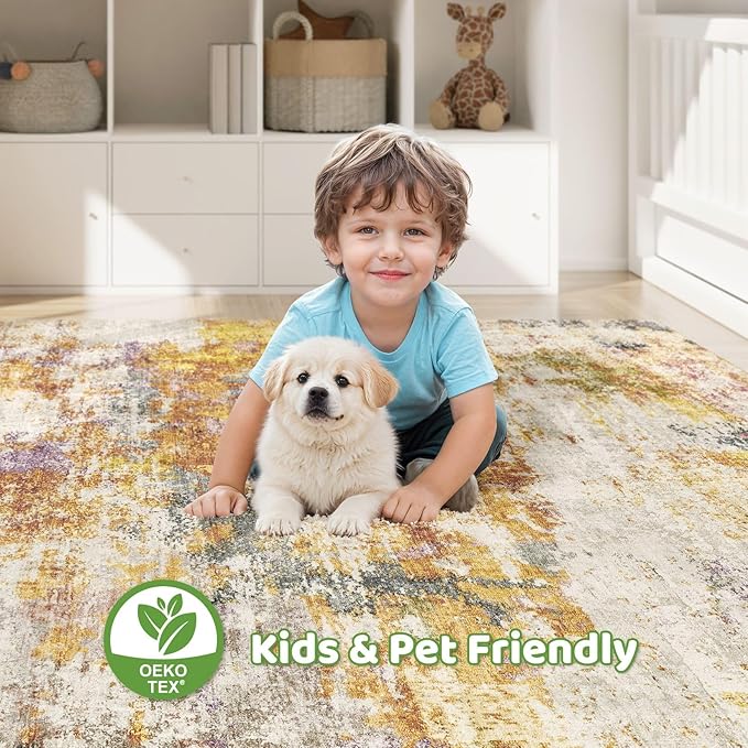 10X12 Area Rugs Living Room: Washable Large Abstract Modern Soft Stain Resistant Indoor Floor Rugs Non Slip Accent Carpet for Bedroom Nursery Playroom Office Dining Room Dorm Home House- Gold Colorful-BubblyBeeBaby