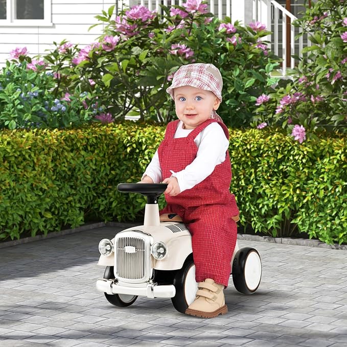 HONEY JOY Ride On Push Car, Outdoor Toddler Riding Toys w/Steering Wheel, Horn & Storage, Foot-to-Floor Sliding Car, No Batteries, Retro Baby Ride On Toys for Boys and Girls (White)-BubblyBeeBaby
