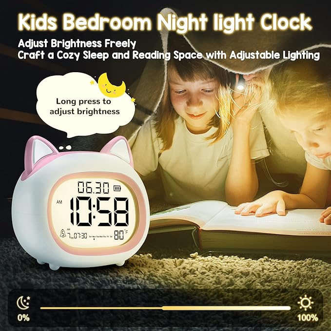 Kids Alarm Clock with Night Light for Kids, Small Digital Alarm Clocks for Bedrooms, Routine Builder, Cute Cat Alarm Clock with Sleep Training, Snooze, 12/24H, Date & Day, Temperature, USB Port-BubblyBeeBaby