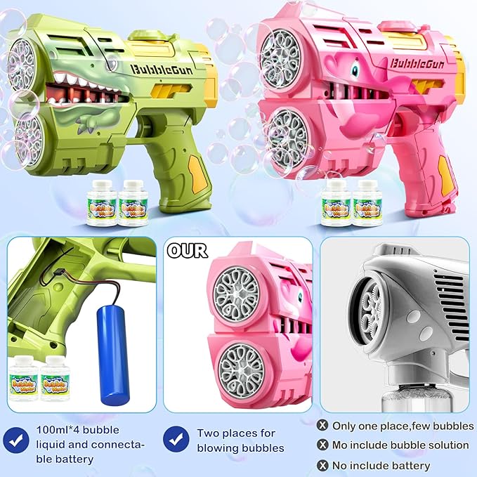 2 Pack Bubble Guns for Kids, Rechargeable LED Light Up Dinosaur Bubbles Machine Blower with 4 Bottles Refill Solution for Toddlers 4-8, Wedding Party Birthday Gift-BubblyBeeBaby