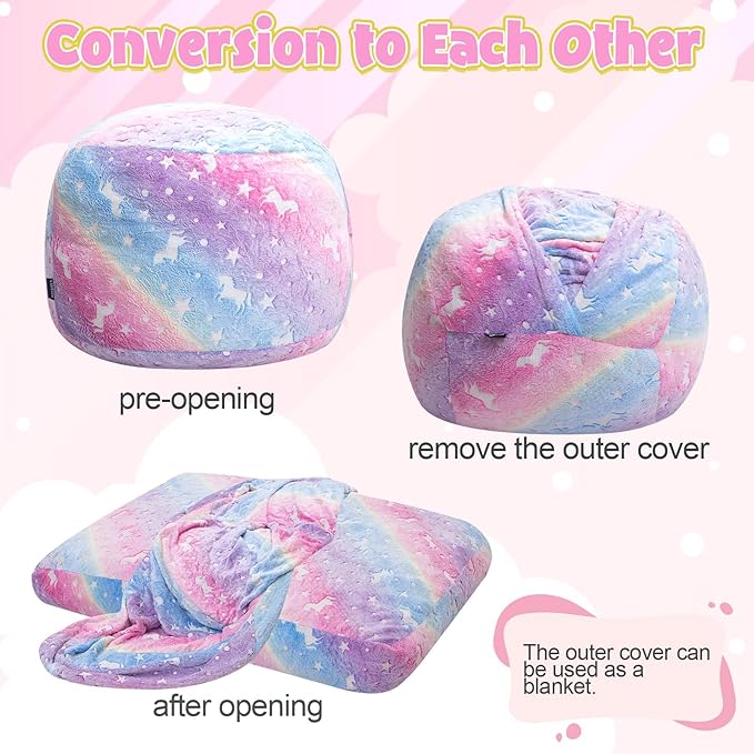 Kids Bean Bag Chair Turn into Beanbag Bed, Unicorn Toddler Bean Chair for Girl Boy Sleeping, Lazy Children Bean Bags with Filler, Convertible Child Floor Mattress, Colorful Rainbow-BubblyBeeBaby