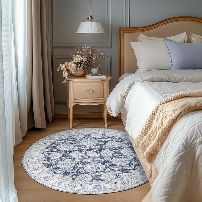 jinchan Round Rug 4ft Area Rugs Vintage Floral Distressed Design - Machine Washable Non-Slip Low-Pile Ultra-Thin Circle Rug for Entryway Bedside Living Room Dining Room Bedroom (4' Round,Dark Blue)-BubblyBeeBaby