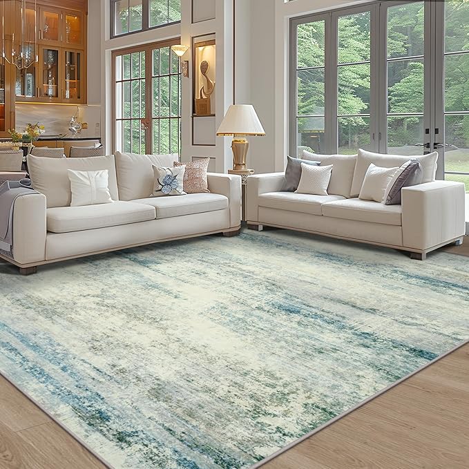 10x14 Area Rugs for Living Room: Soft Abstract Large Area Rug Non-Shedding Anti-Skid Stain Resistant Indoor Floor Modern Washable Rugs for Bedroom Dining Room Nursery Farmhouse Home Office-Blue/Gray-BubblyBeeBaby