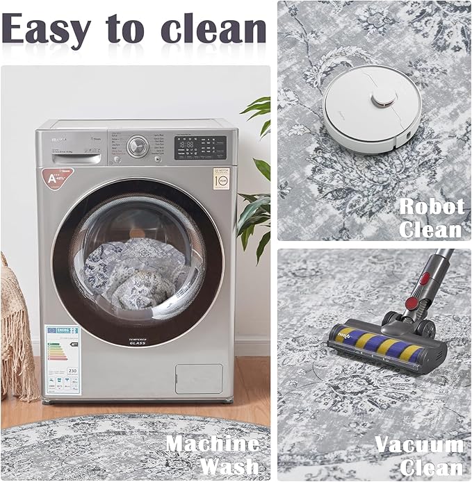 jinchan Round Rug 8ft Area Rug - Grey Vintage Floor Mat Kitchen Indoor Ultra-Thin Soft Floral Print - Washable Circle 8' Retro Accent for Farmhouse Non Slip Dining Room Living Room Bedroom Office-BubblyBeeBaby