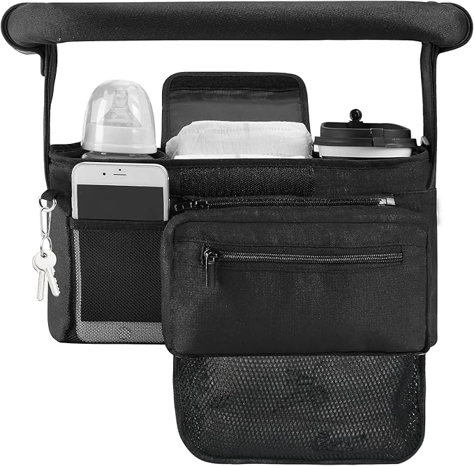 Momcozy Universal Stroller Organizer with Insulated Cup Holder Detachable Phone Bag & Shoulder Strap, Fits for Stroller like Uppababy, Baby Jogger, Britax, BOB, Umbrella and Pet Stroller-BubblyBeeBaby