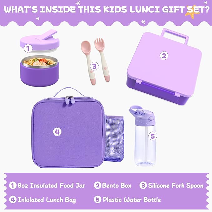 Kids Bento Lunch Box with 8oz Soup Thermo, Water Bottle, Kids Leakproof Lunch Food Containers with 4 Compartment, Insulated Hot Food Jar with Lunch Bag for School, Trvael (Purple)-BubblyBeeBaby