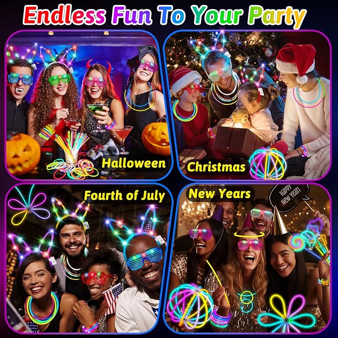 156PCS Glow in The Dark Party Supplies for Kids 8-12, Light Up Glasses Headband Rings Halloween Party Favor Adult, 100 Glow Sticks Bulk Party Pack DIY Necklaces Bracelets Neon Camping Pool Decorations-BubblyBeeBaby