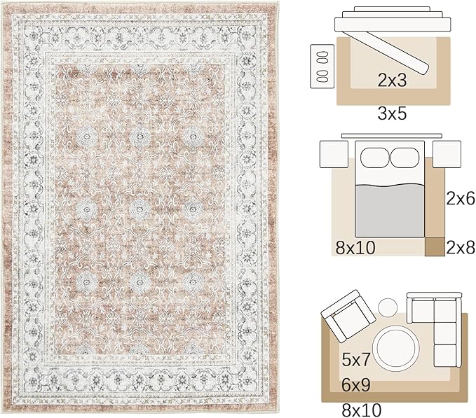 jinchan Floral 5x7 Area Rugs for Bedroom - Machine Washable Vintage Distressed Boho Design Throw Rug Stain Resistant Carpet Low-Pile Thin Non-Slip for Nursery Living Room Dining Room (5‘x7',Orange)-BubblyBeeBaby
