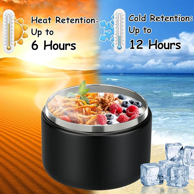 12oz Insulated Vacuum Food Jar with Buckle Lid Wide Mouth Soup Thermo for Hot Food Kids Leakproof Stainless Steel Lunch Container- Black- 1Pack-BubblyBeeBaby
