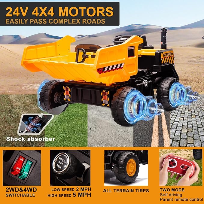 24V Ride On Dump Truck, 24inch-2 Seater Ride On Car for Kids w/Remote Control 4WD/2WD Up to 5 Mph, 24v Ride on Toys for Big Kids w/Electric Dump Bed Extra Shovel Traffic Cones (Yellow)-BubblyBeeBaby