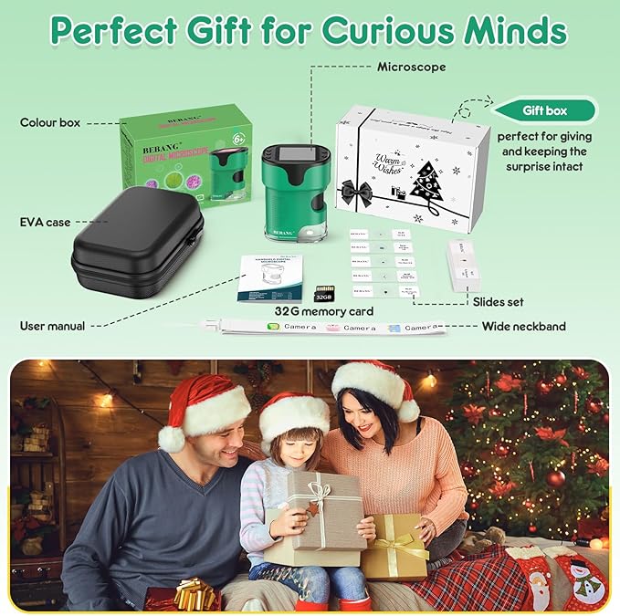 1000X Handheld Microscope for Kids 4K 2.0" Screen Rechargeable Mini Pocket Digital Microscopes w/Slides Kit Portable Edu Gift Age 4-6 8-12 Children Students (Green)-BubblyBeeBaby