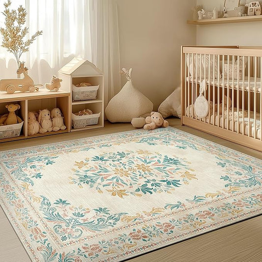 jinchan Floral 5x7 Area Rugs for Nursery - Machine Washable Vintage Distressed Design Soft Ultra-Thin Low-Pile Non-Slip Kids Carpet for Bedroom Living Room Dining Room Home Office (5x7ft,Apricot)-BubblyBeeBaby