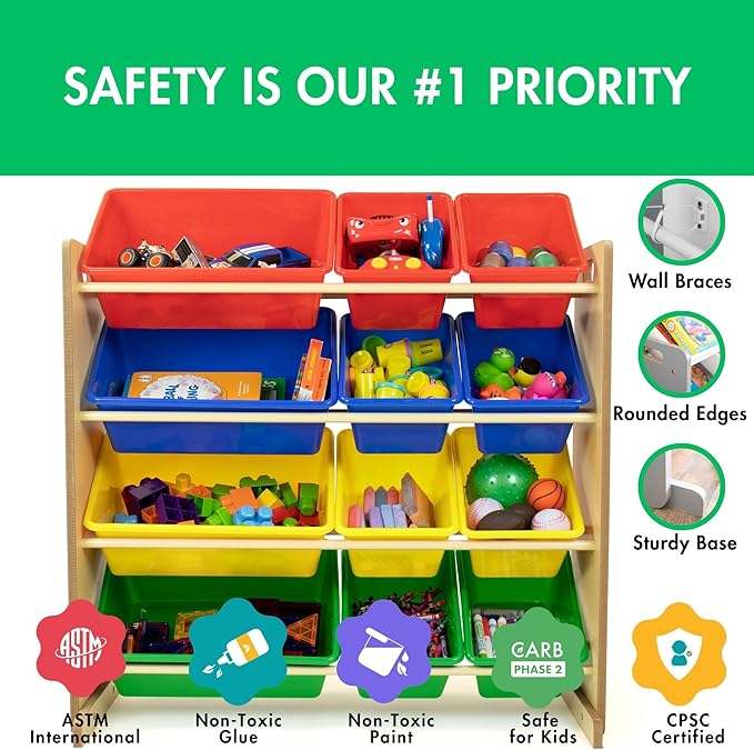 Humble Crew, Natural/Primary Kids' Toy Storage Organizer with 12 Plastic Bins, 34*35*15.5inch-BubblyBeeBaby