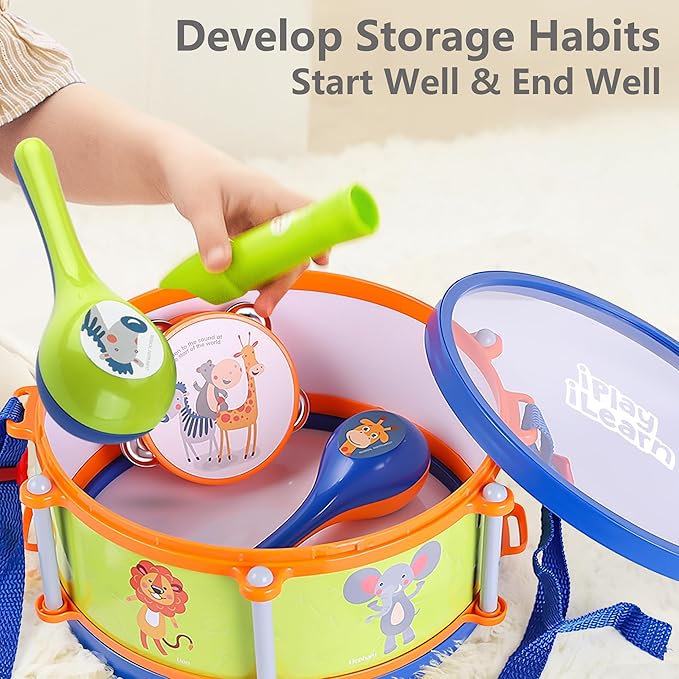 iPlay, iLearn Toddler Musical Instruments Toys, Kids Drum Set, Baby Trumpet, Percussion, Harmonica, Maraca, Flute, Tambourine, Birthday Gifts for 18 Months Olds Ages 2 3 4 5 Years Boys Girls Children-BubblyBeeBaby