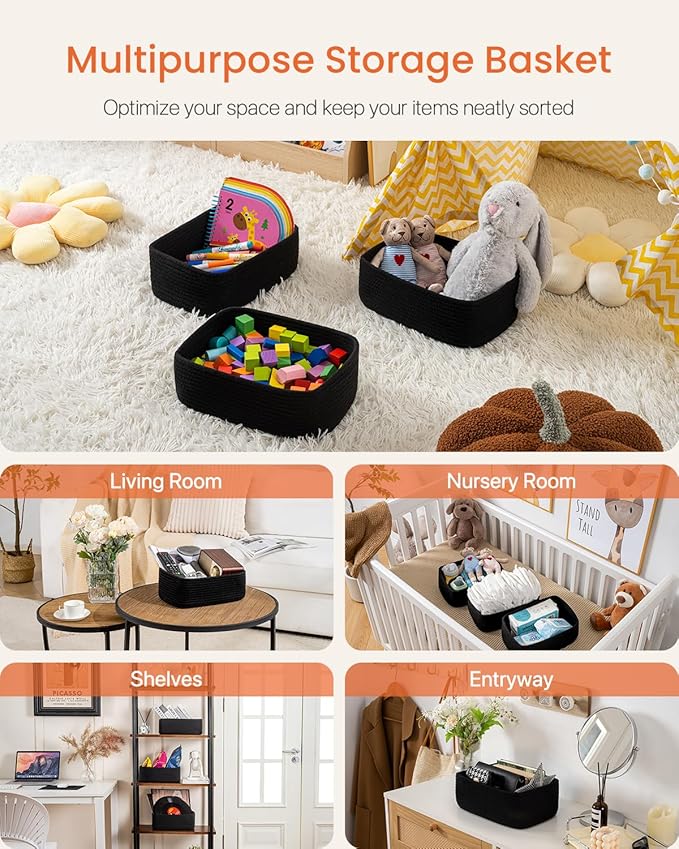 KALLAX Small Woven Basket, 12 x 8 x 4.5 Inches, Storage Basket for Organizing, Cute Small Rope Shelf Closet Cube Storage Bins Baskets for Shelves, Dog Toy Gift Baskets Empty, 3 Packs, Black-BubblyBeeBaby