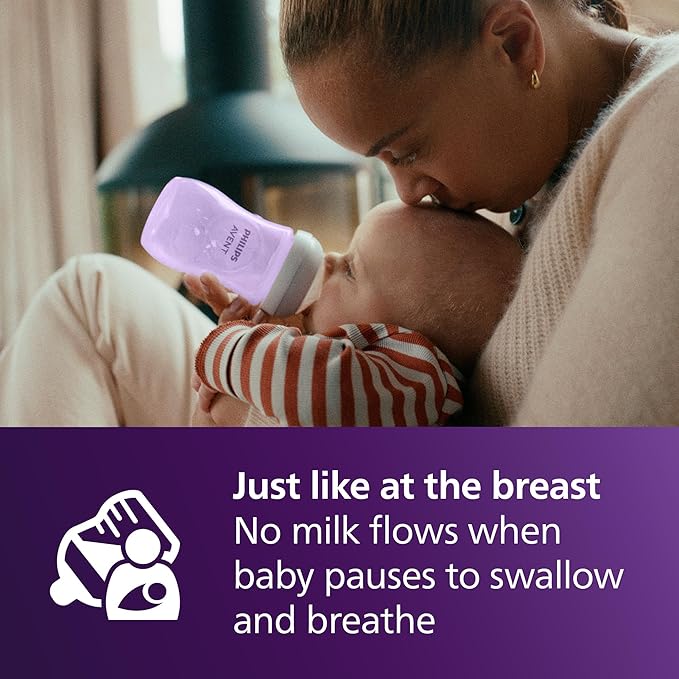 Philips Avent Natural Baby Bottles with Natural Response Nipples (Medium Flow, Flow 3), 9oz, Purple, 4-Pack, SCY903/34-BubblyBeeBaby