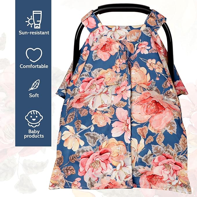 TANOFAR Car Seat Cover Baby, Carseat Covers Baby Boy Girl, Peekaboo Opening Infant Car Seat Cover for Winter, Warm & Cozy, Blue Floral-BubblyBeeBaby