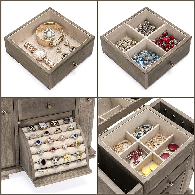 Jewelry Box for Women, Rustic Wooden Jewelry Boxes & Organizers with Mirror, 4 Layer Jewelry Organizer Box Display for Rings Earrings Necklaces Bracelets (Weathered Gray)-BubblyBeeBaby