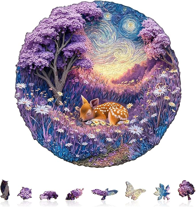 Jigfoxy Wooden Puzzles for Adults, Starry Night Fawn Wood Puzzles Adult, Unique Animal Shape Wooden Jigsaw Puzzles for Adults, Birthday Gifts for Puzzle Lovers, Family, Friend (S-8.5 * 8.5in-100pcs)-BubblyBeeBaby