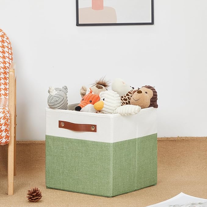 HNZIGE Fabric 11x11 Cube Storage Bins, Set of 4, Foldable Storage Cube Bin Baskets for Shelves with Handles, Bins for Cube Organizer Home Toy Nursery Closet(Green White)-BubblyBeeBaby