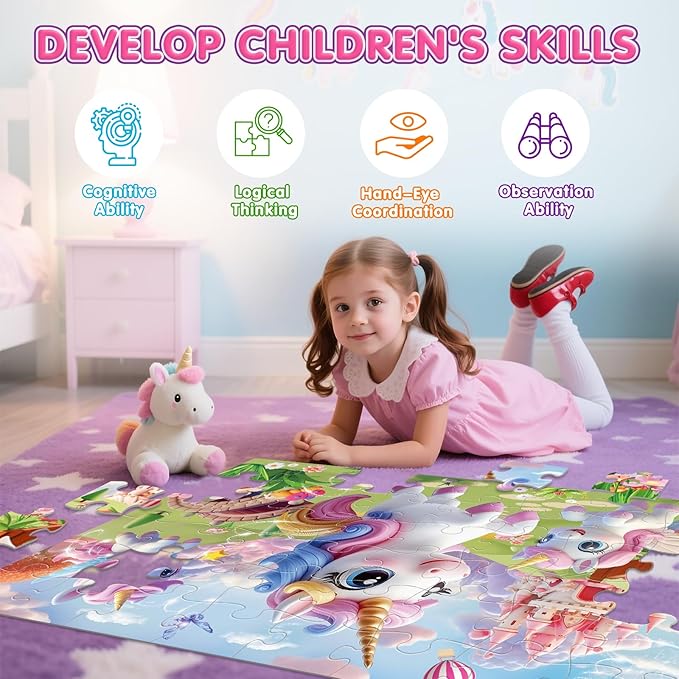 Jumbo Floor Puzzle for Kids,48 Piece Unicorn Large Jigsaw Puzzles,Puzzle for Toddler Ages 3-5,Fun Educational Preschool Learning Toy Gift for Boys & Girls Ages 4-8-BubblyBeeBaby