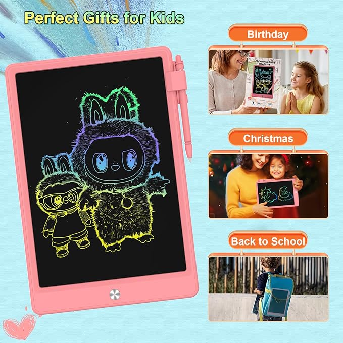 12.9 Inch LCD Writing Tablet for Kids, Colorful Toddler Doodle Board - Erasable Drawing Pad, Educational Learning Toy for Ages 3-8 - Valentine's Day Christmas Birthday Gifts (12.9 Inch, Pink)-BubblyBeeBaby