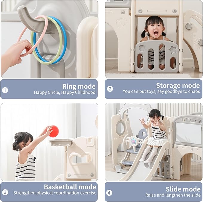 12 in 1 Toddler Outdoor Playset with Swing, Indoor Swing and Slide Set Playground for Toddlers 1-3, Durable Climber Basketball Hoop Ball Toddler Indoor Playset for Home Playground-White Grey-BubblyBeeBaby