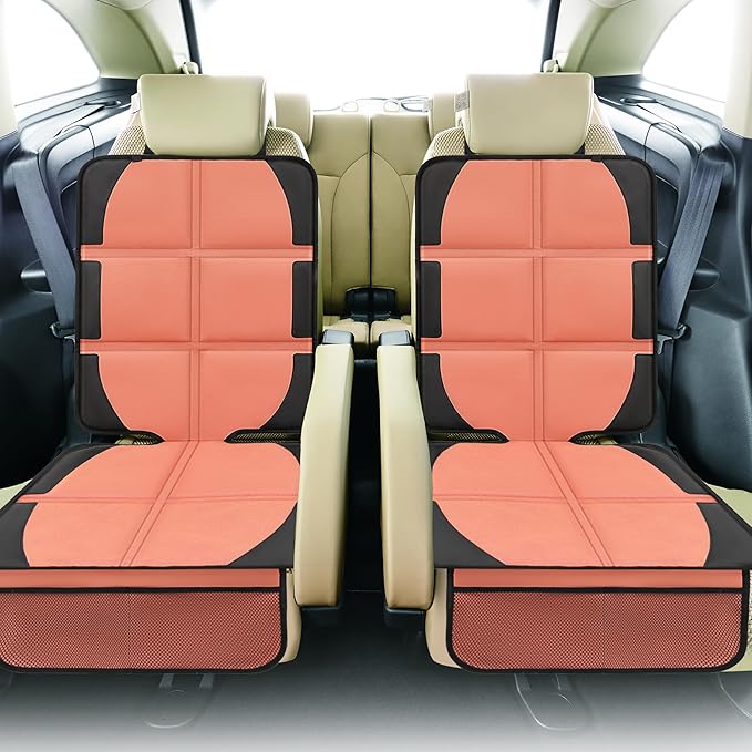 Car Seat Protector for Child, 2 Pack Covers with Mesh Pockets & Non-Slip Backing, 600D Durable Under Seat for Back (Orange, Large)-BubblyBeeBaby