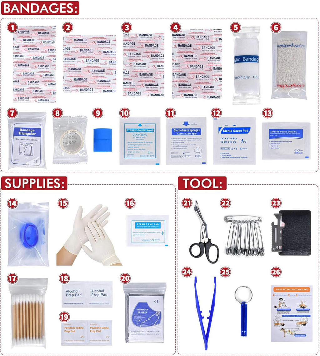 242Pcs Compact First Aid Kit, Waterproof Hard Shell Eva Medical Kits, All-Purpose Portable Trauma First Aid Kit for Boat, Home, Car, Travel, Camping, Hiking and Outdoor Emergencies(Red)