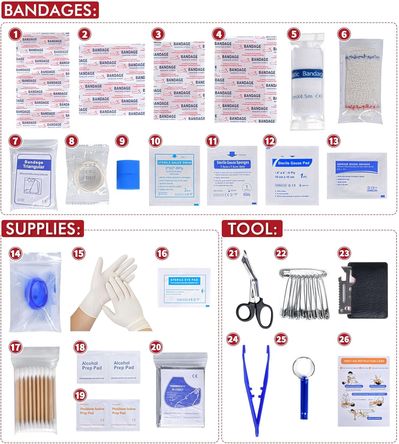 242Pcs Compact First Aid Kit, Waterproof Hard Shell Eva Medical Kits, All-Purpose Portable Trauma First Aid Kit for Boat, Home, Car, Travel, Camping, Hiking and Outdoor Emergencies(Red)